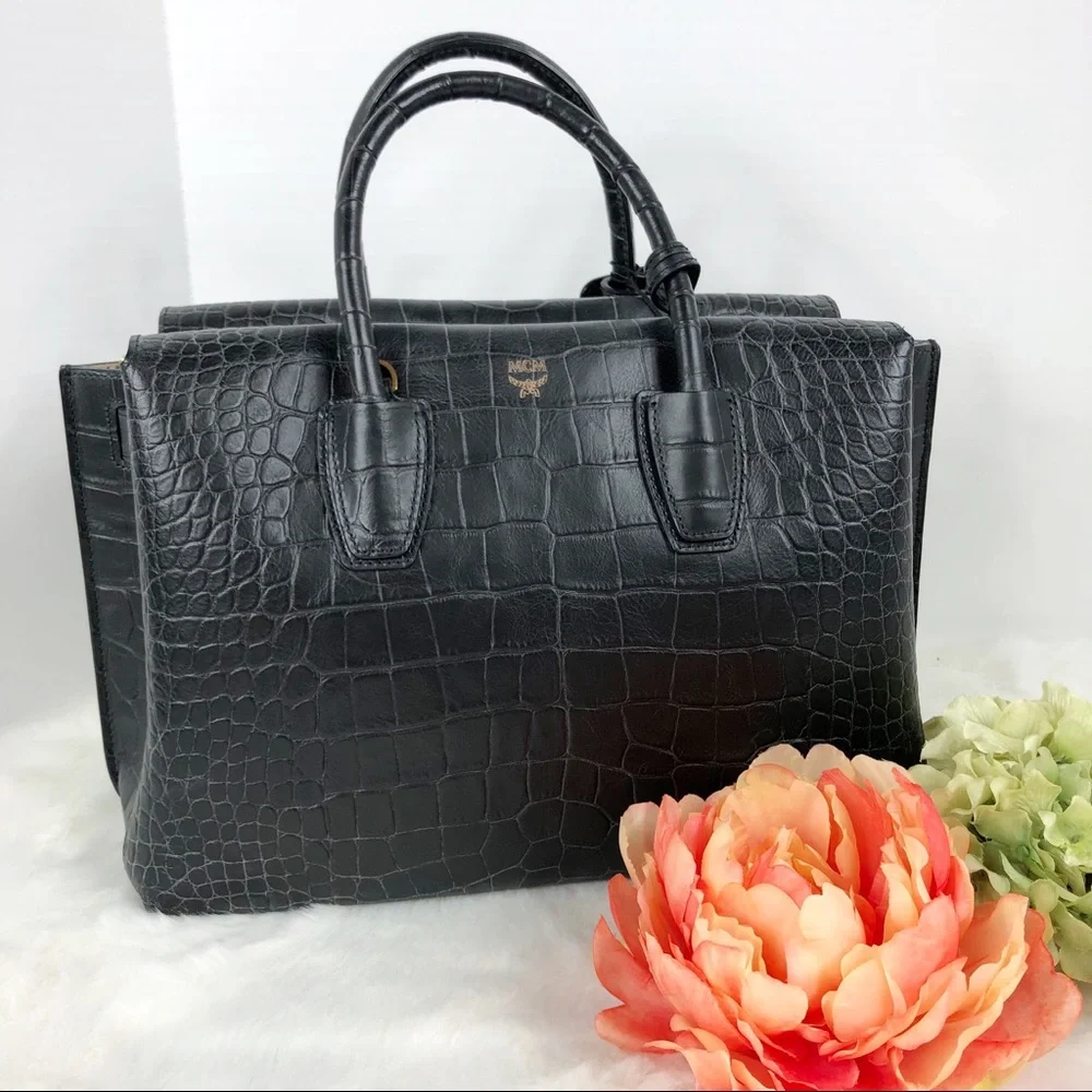 MCM Milla Medium Crocodile Black tote purse